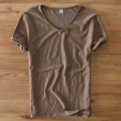 Men Raw Cotton T-Shirt Men Short Sleeve V-neck Breathable Soft Loose High Quality T-shirt - Frimunt Clothing Co.