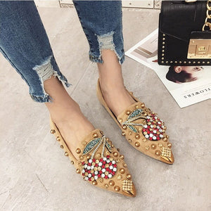 Women's Flat Shoes Metal Studs & Crystals Cherry Embroidery Spring New Metal Pointed Toe Loafers - Frimunt Clothing Co.