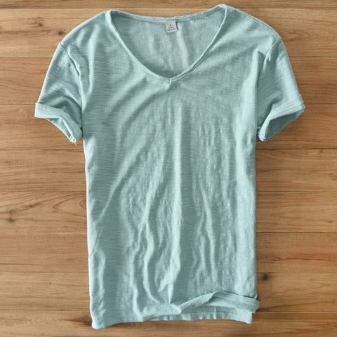 Men Raw Cotton T-Shirt Men Short Sleeve V-neck Breathable Soft Loose High Quality T-shirt