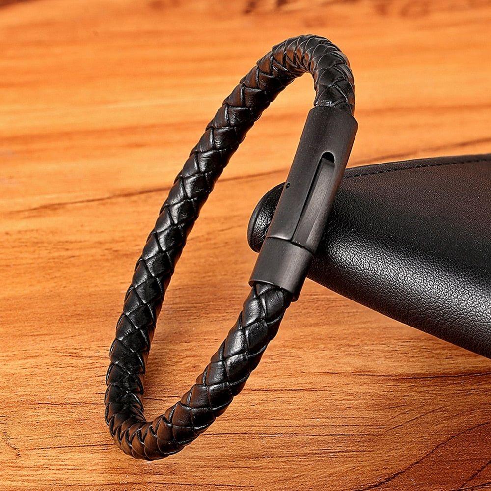New Classic Style Men Leather Bracelet Simple Black Stainless Steel Button Accessories Hand-woven Jewelry Gifts - Frimunt Clothing Co.