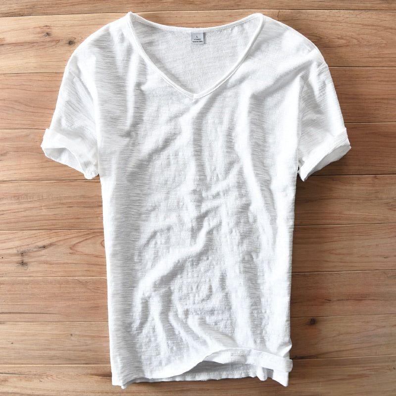 Men Raw Cotton T-Shirt Men Short Sleeve V-neck Breathable Soft Loose High Quality T-shirt - Frimunt Clothing Co.