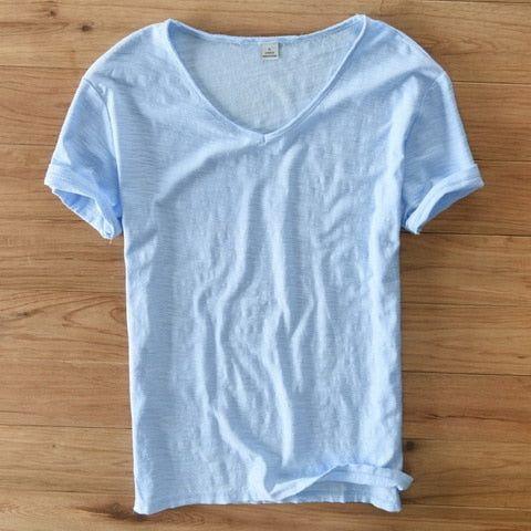 Men Raw Cotton T-Shirt Men Short Sleeve V-neck Breathable Soft Loose High Quality T-shirt - Frimunt Clothing Co.