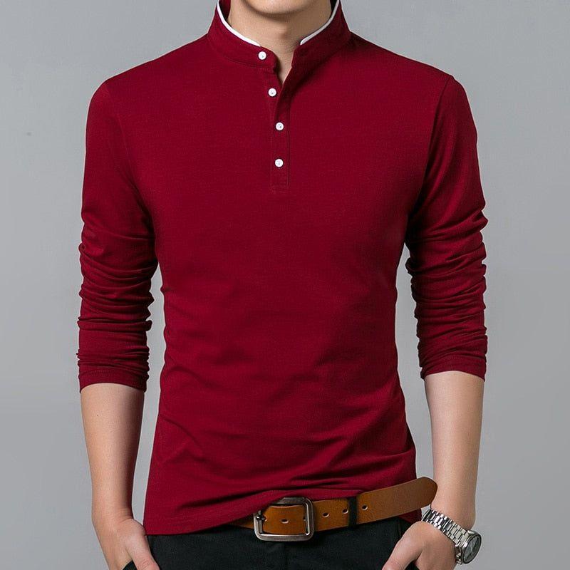 Men's Cotton T Shirt Full Sleeve Solid Color Mandarin Collar Sizes Up To 4XL - Frimunt Clothing Co.