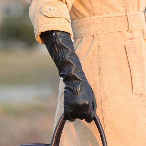 Women's Genuine Leather Gloves Autumn Winter Sheepskin Gloves Zipper Long Style Thin Velvet Lined L031NQ - Frimunt Clothing Co.