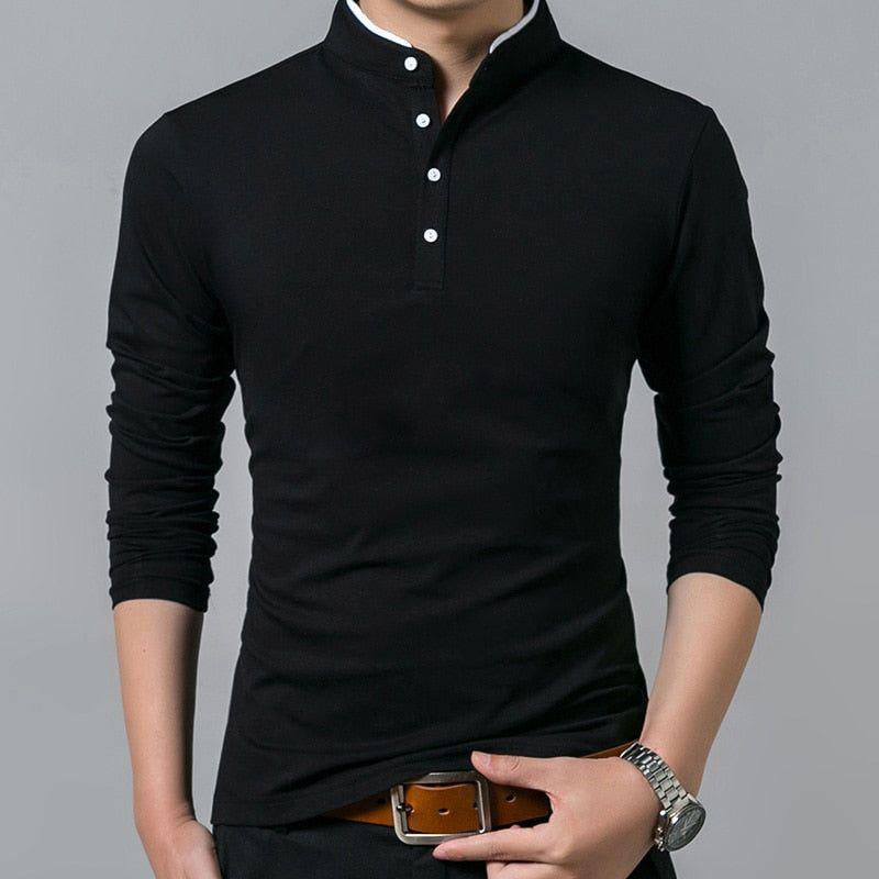 Men's Cotton T Shirt Full Sleeve Solid Color Mandarin Collar Sizes Up To 4XL - Frimunt Clothing Co.