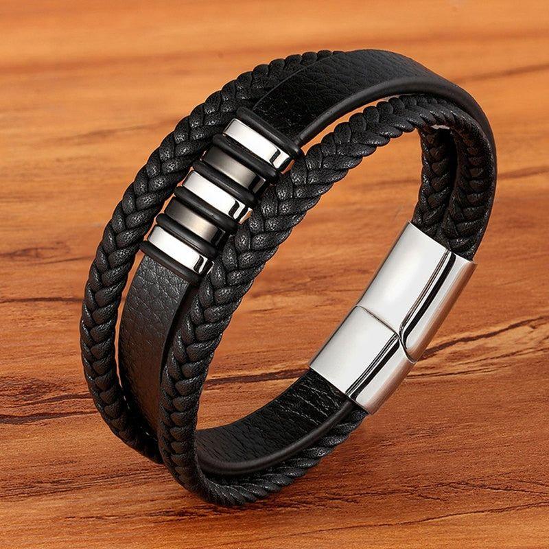 Stainless Steel Charm Magnetic Black Men Bracelet Leather Genuine Braided Punk Rock Bangles Jewelry Accessories - Frimunt Clothing Co.