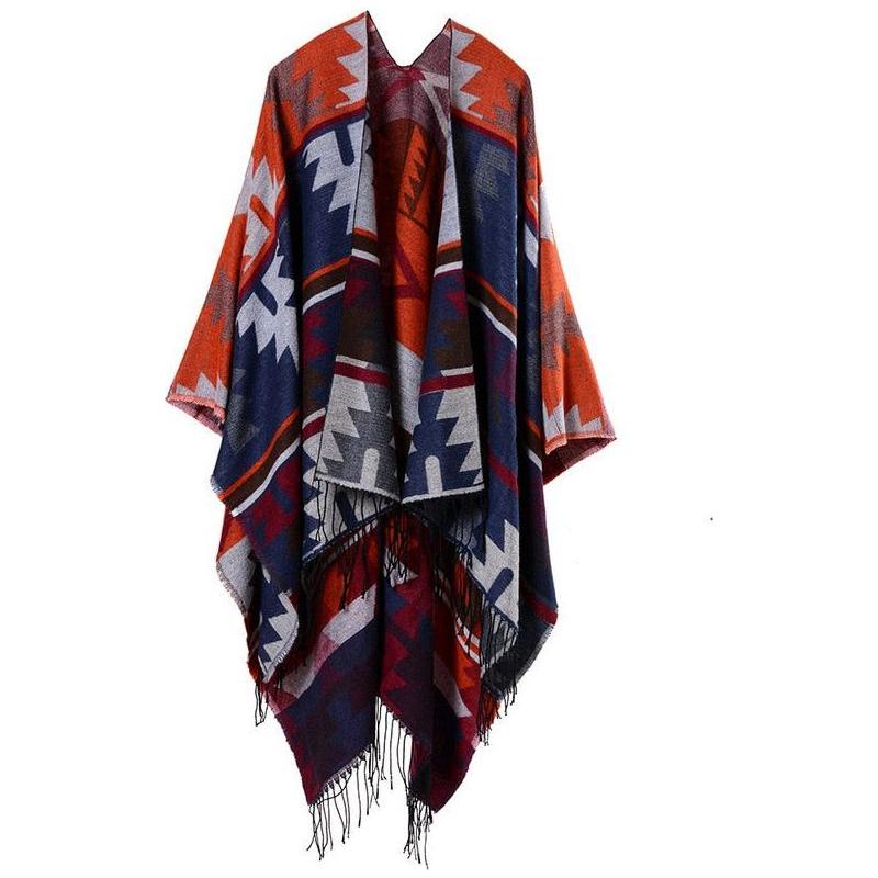 Imitation Cashmere Geometric Tassel Poncho For Women Winter Warm Knitted Shawl Wrap Comfortable Thick - Frimunt Clothing Co.