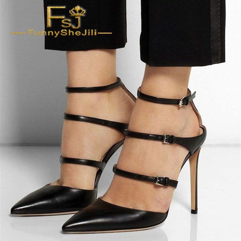 Women's Black Three Strap Stiletto Heel Sexy Elegant Closed Toe Pump Shoes - Frimunt Clothing Co.