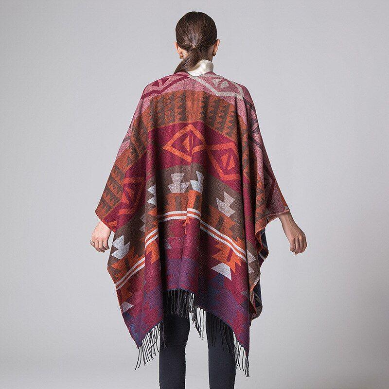 Imitation Cashmere Geometric Tassel Poncho For Women Winter Warm Knitted Shawl Wrap Comfortable Thick - Frimunt Clothing Co.