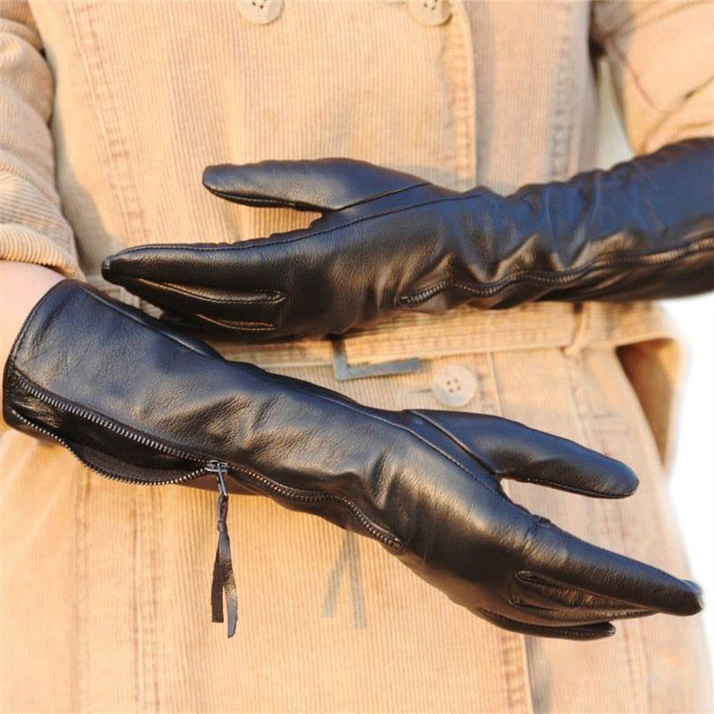 Women's Genuine Leather Gloves Autumn Winter Sheepskin Gloves Zipper Long Style Thin Velvet Lined L031NQ - Frimunt Clothing Co.