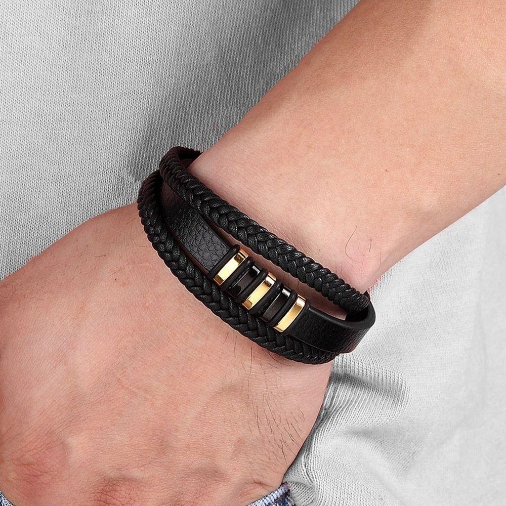 Stainless Steel Charm Magnetic Black Men Bracelet Leather Genuine Braided Punk Rock Bangles Jewelry Accessories - Frimunt Clothing Co.