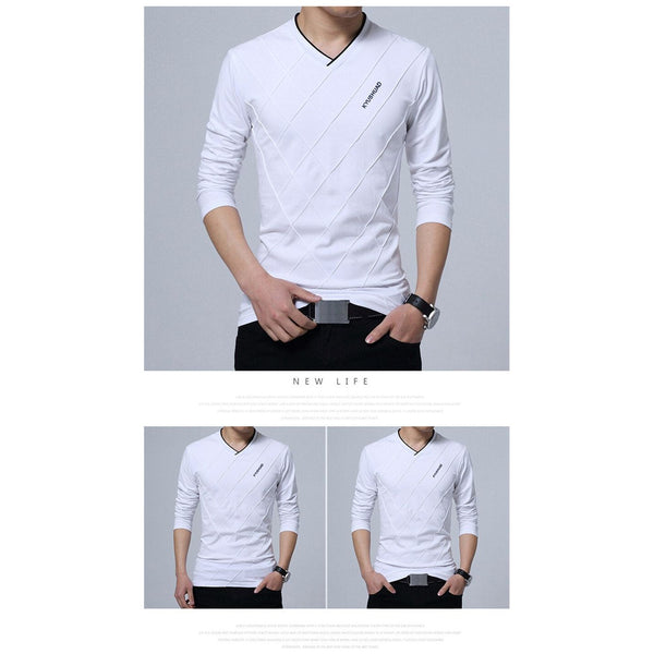 BROWON 2021 camiseta de moda para hombre, ajustada, cuello en V alto, manga larga, con detalles geométricos, elegantes tallas modernas hasta 5XL