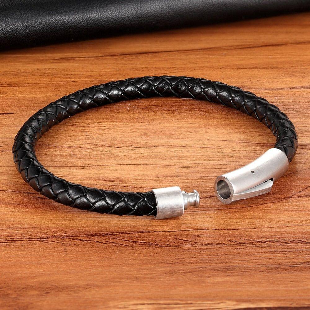 New Classic Style Men Leather Bracelet Simple Black Stainless Steel Button Accessories Hand-woven Jewelry Gifts - Frimunt Clothing Co.