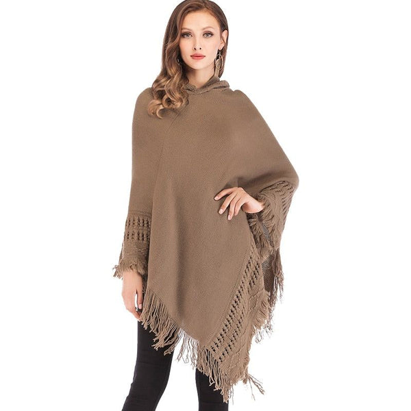 FLORATA Casual Women Sweater Hooded Knitted Poncho With Tassels Pullover Solid Colors - Frimunt Clothing Co.
