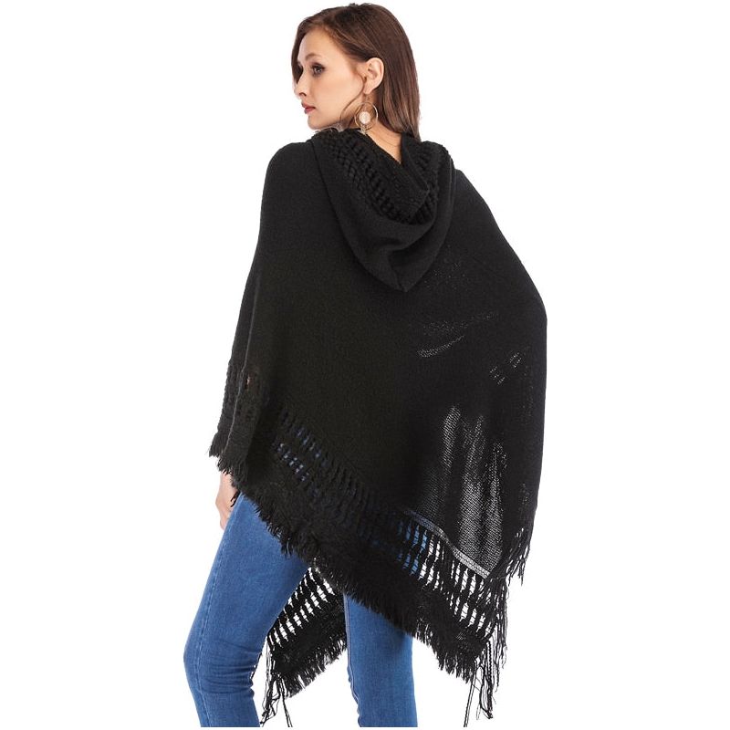 FLORATA Casual Women Sweater Hooded Knitted Poncho With Tassels Pullover Solid Colors