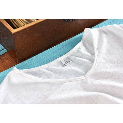 Men Raw Cotton T-Shirt Men Short Sleeve V-neck Breathable Soft Loose High Quality T-shirt - Frimunt Clothing Co.
