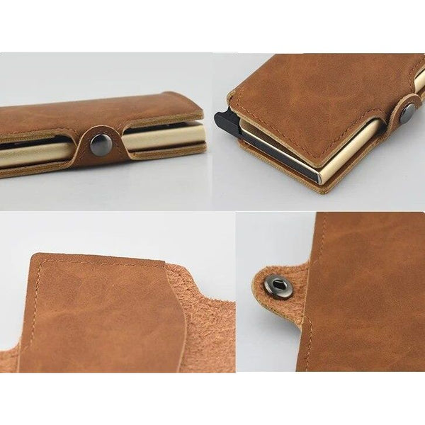 RFID Business Credit Card Holder Multifunction Automatic Aluminum Alloy Leather Cards Case Mini Wallet - Frimunt Clothing Co.