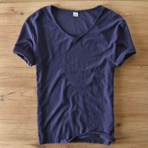 Men Raw Cotton T-Shirt Men Short Sleeve V-neck Breathable Soft Loose High Quality T-shirt - Frimunt Clothing Co.