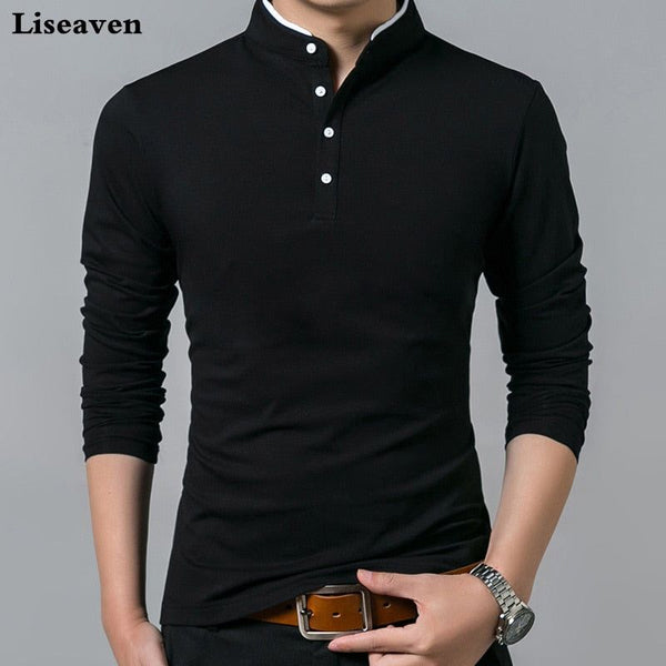 Men's Cotton T Shirt Full Sleeve Solid Color Mandarin Collar Sizes Up To 4XL