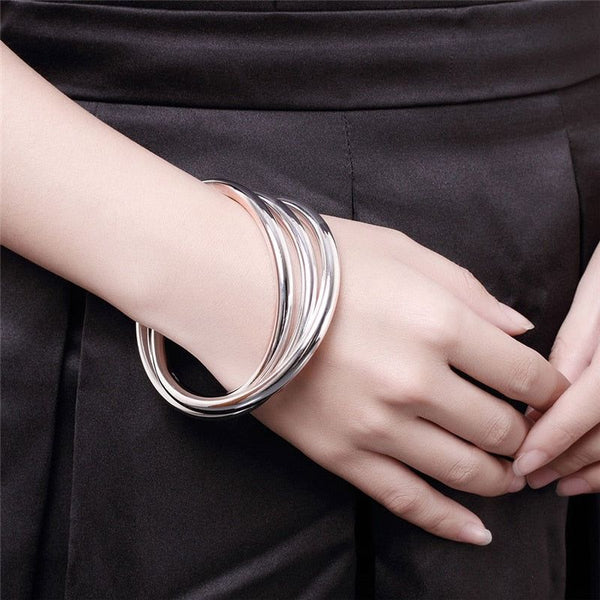 DOTEFFIL 925 Sterling Silver Plated Bracelet Bangles Three Interlocking Smooth High Quality Solid Bracelet Bangles Fashion Jewelry