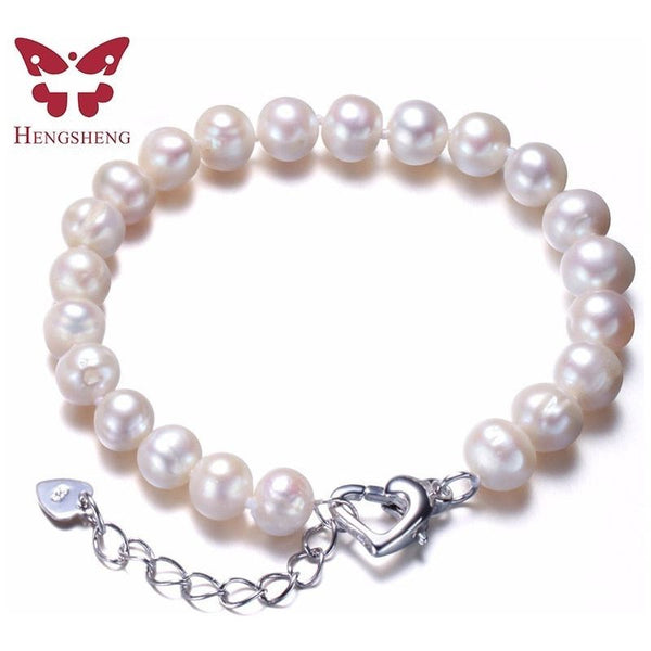 Real Natural Near Round Pearls Bracelet 925 Sterling Silver Love Buckle, 7-8mm Beads Fine Women Jewelry