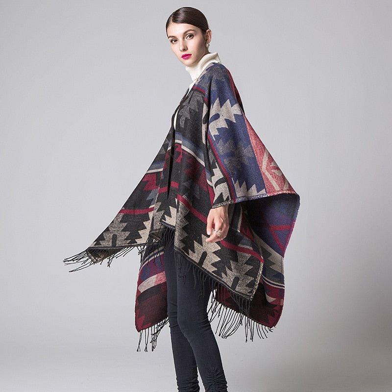 Imitation Cashmere Geometric Tassel Poncho For Women Winter Warm Knitted Shawl Wrap Comfortable Thick - Frimunt Clothing Co.