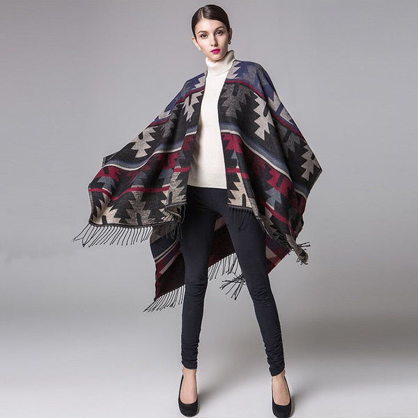 Imitation Cashmere Geometric Tassel Poncho For Women Winter Warm Knitted Shawl Wrap Comfortable Thick - Frimunt Clothing Co.