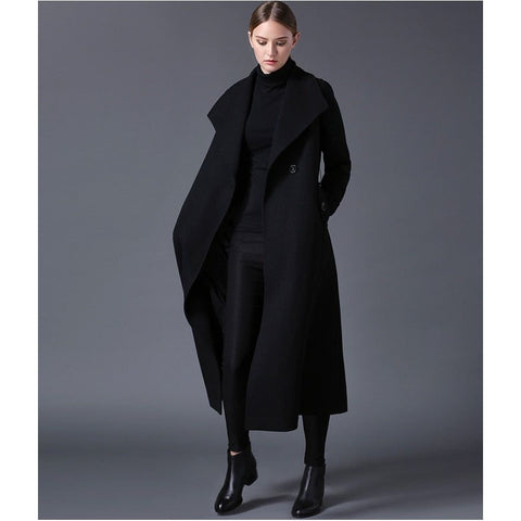 Autumn Winter Wool Long Black Coat Thick Warm Fully Lined Button Front Side Pockets Plus Sizes