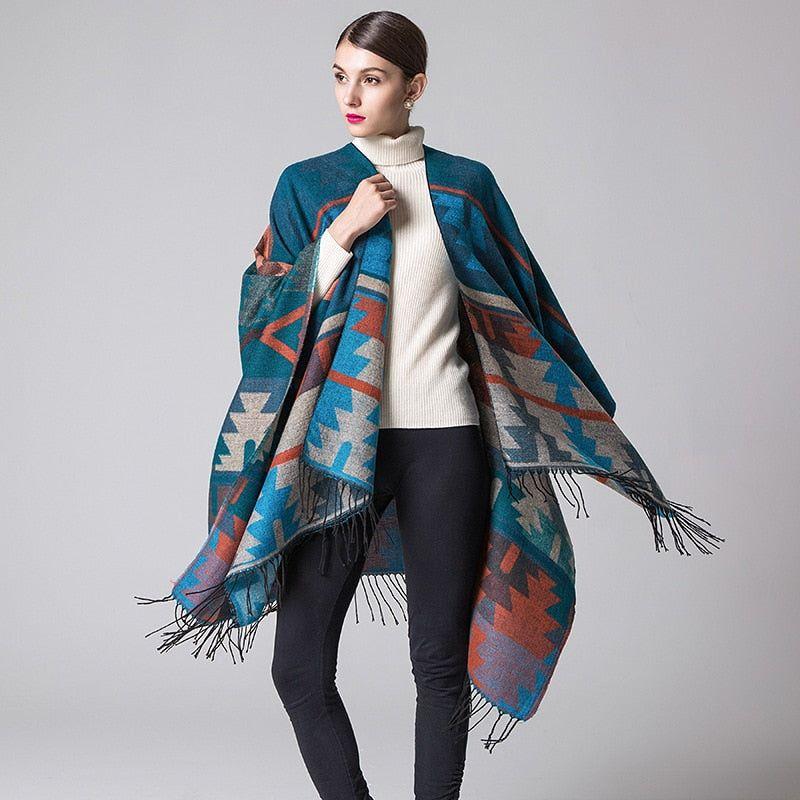Imitation Cashmere Geometric Tassel Poncho For Women Winter Warm Knitted Shawl Wrap Comfortable Thick - Frimunt Clothing Co.