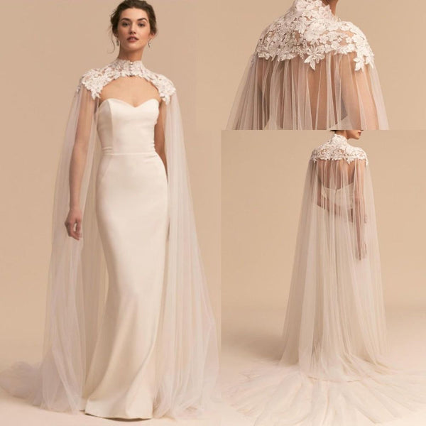 Lace Appliques Tulle Bridal Cape High Neck Long Cathedral Length - Frimunt Clothing Co.
