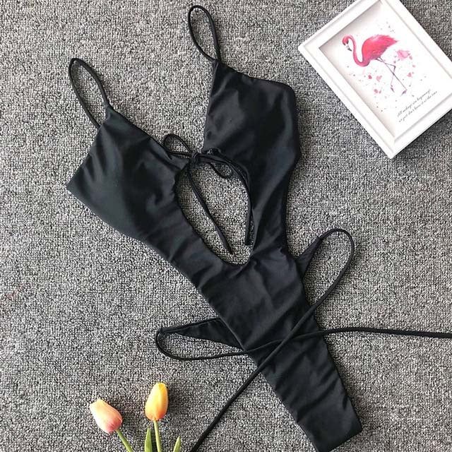 High Leg Cut Out String Female Swimwear One Piece Swimsuit Monokini Backless Bathing Suit