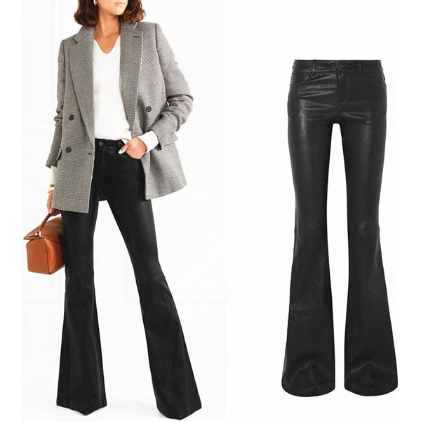 Women's Eco Leather Flare Pants Water Wash Chic Trousers - Frimunt Clothing Co.