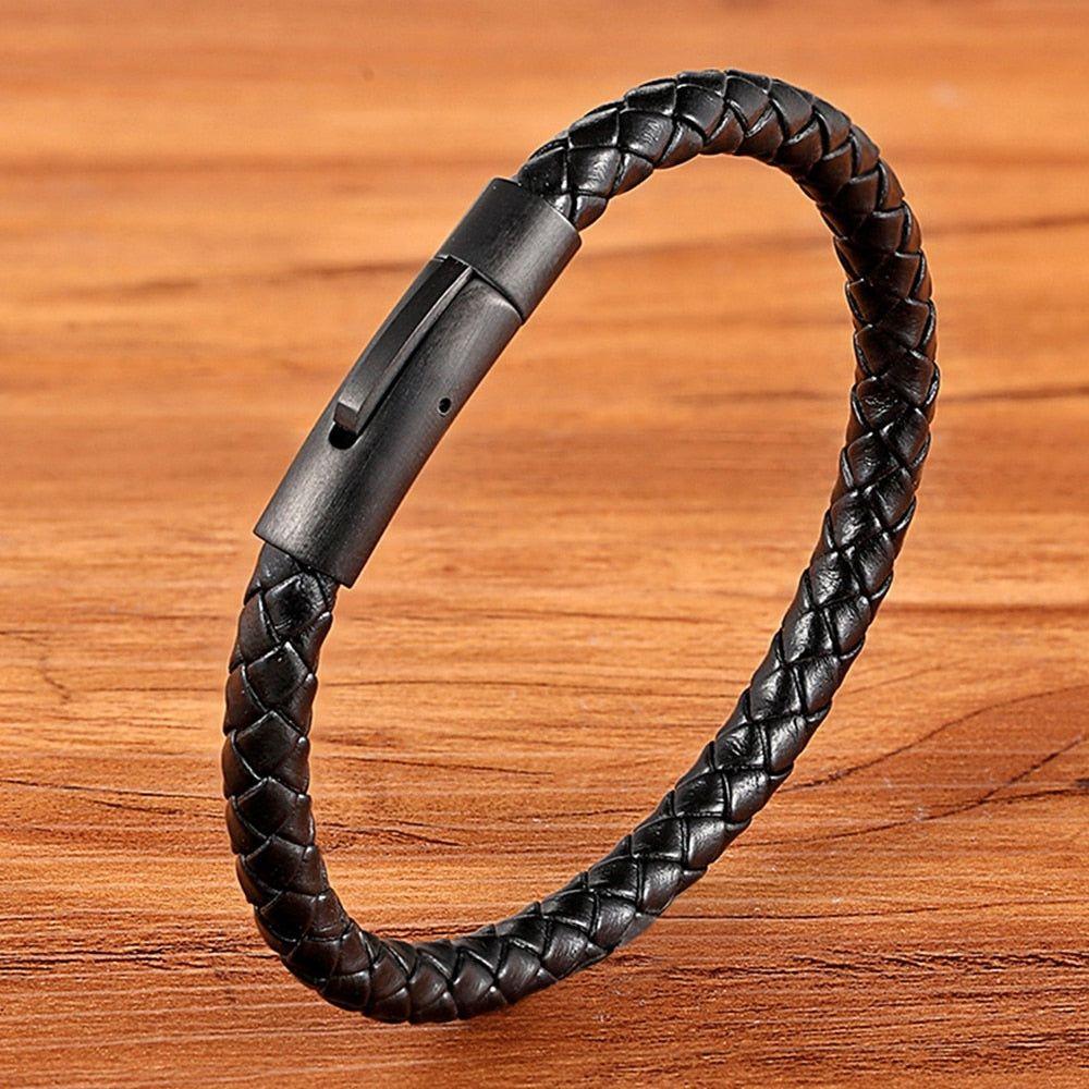 New Classic Style Men Leather Bracelet Simple Black Stainless Steel Button Accessories Hand-woven Jewelry Gifts - Frimunt Clothing Co.