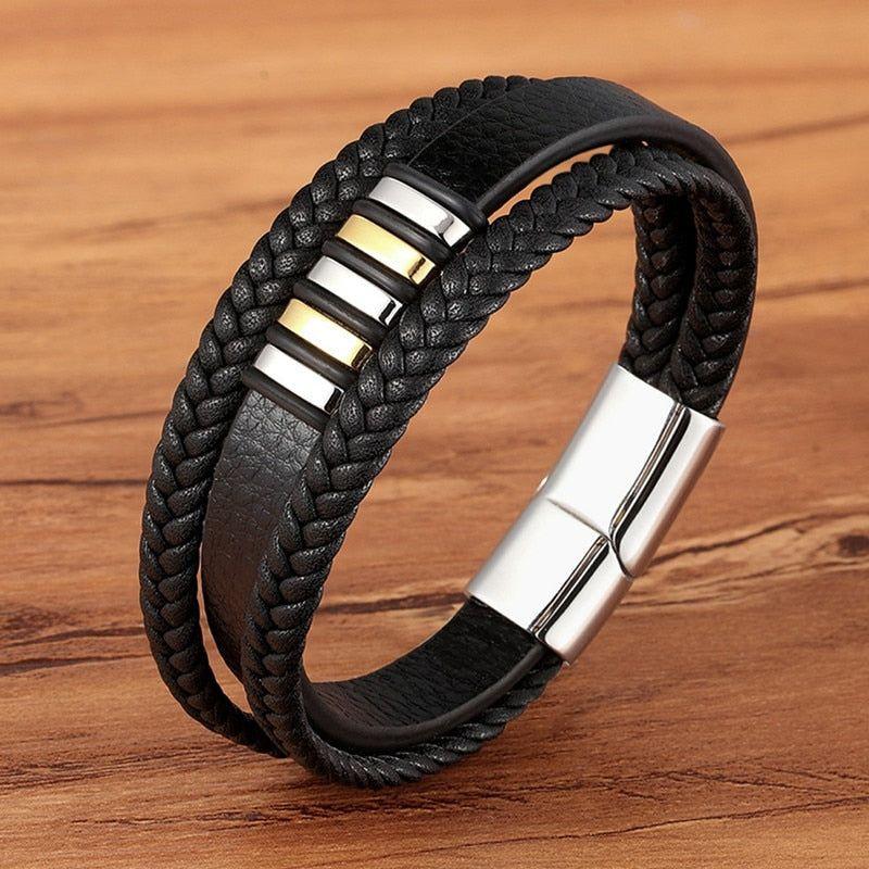 Stainless Steel Charm Magnetic Black Men Bracelet Leather Genuine Braided Punk Rock Bangles Jewelry Accessories - Frimunt Clothing Co.