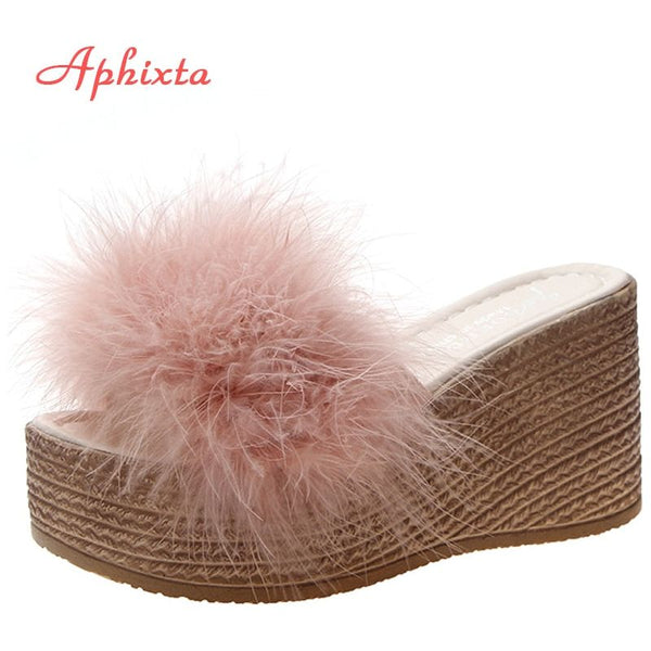 Women's Wedge Platform Slide Sandals Faux Long Hair Fur Slippers Summer Fashion - Frimunt Clothing Co.