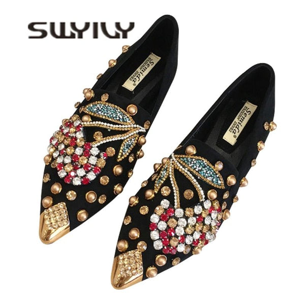 Women's Flat Shoes Metal Studs & Crystals Cherry Embroidery Spring New Metal Pointed Toe Loafers