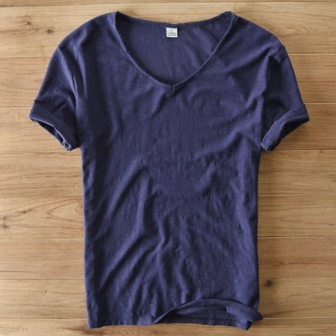 Men Raw Cotton T-Shirt Men Short Sleeve V-neck Breathable Soft Loose High Quality T-shirt