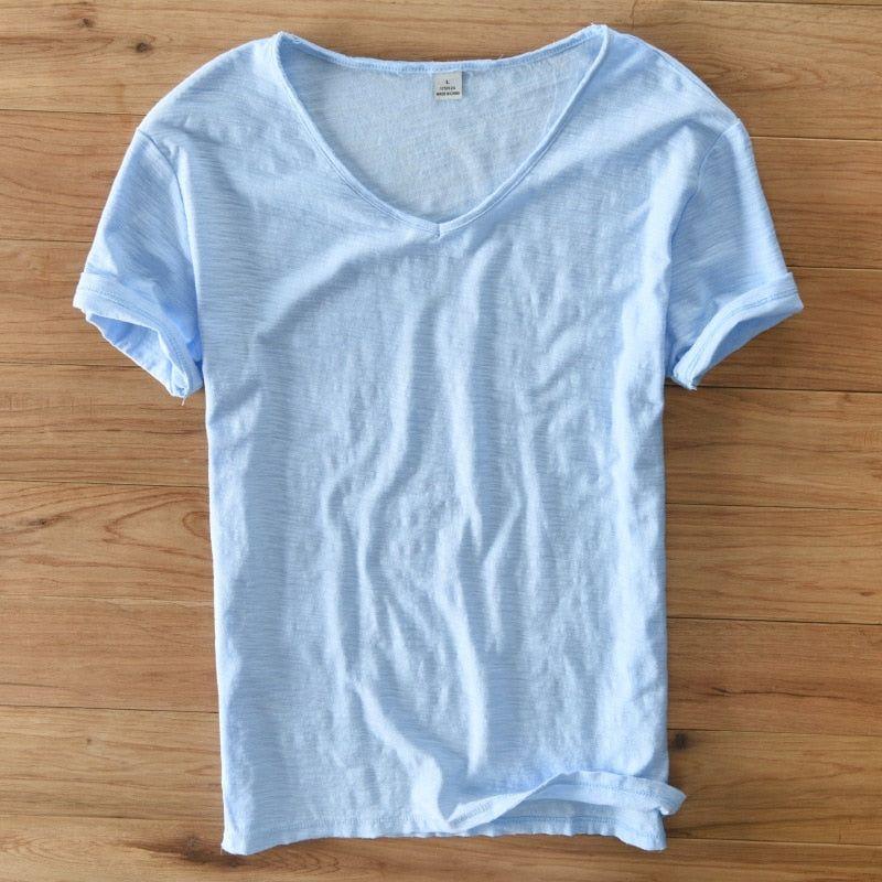 Men Raw Cotton T-Shirt Men Short Sleeve V-neck Breathable Soft Loose High Quality T-shirt - Frimunt Clothing Co.