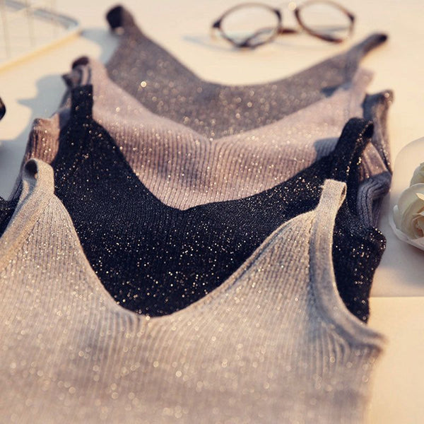 New Summer Knitted Tops Women Crop Tank Tops Gold Thread Strap