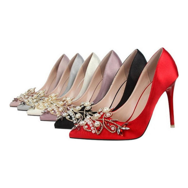 Women High Heel Silk Pumps Pointed Toe Crystal Pearls Party Shoes