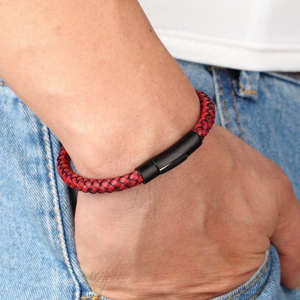 New Classic Style Men Leather Bracelet Simple Black Stainless Steel Button Accessories Hand-woven Jewelry Gifts - Frimunt Clothing Co.