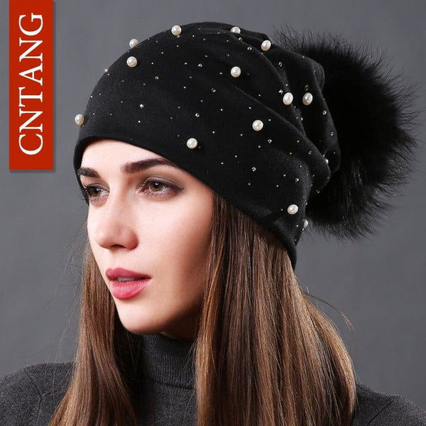 Women's Fashion Hat Autumn Winter Rhinestones Pearl Natural Raccoon Fur Pompom Cotton Warm Caps