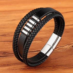 Stainless Steel Charm Magnetic Black Men Bracelet Leather Genuine Braided Punk Rock Bangles Jewelry Accessories - Frimunt Clothing Co.
