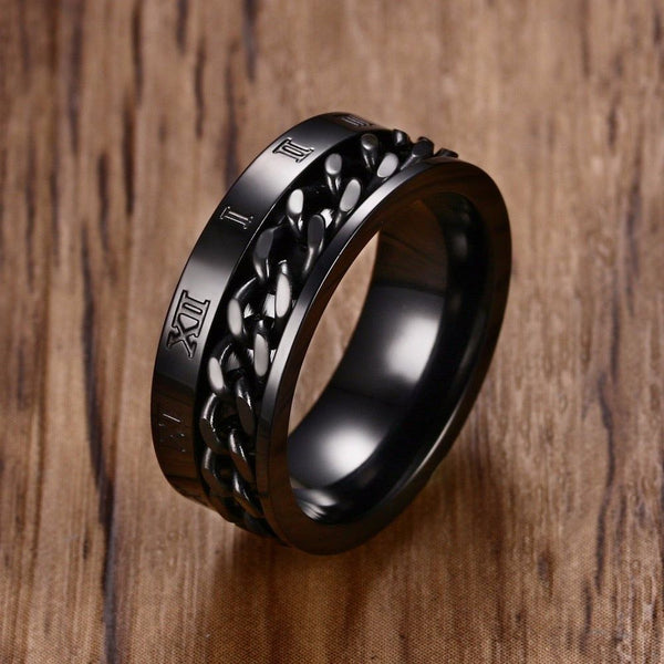 Men's Rings, Roman Number with Cuban Chain Band, 8MM Stainless Steel Spinner Ring Male Jewelry