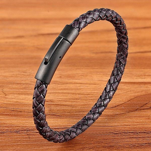 New Classic Style Men Leather Bracelet Simple Black Stainless Steel Button Accessories Hand-woven Jewelry Gifts