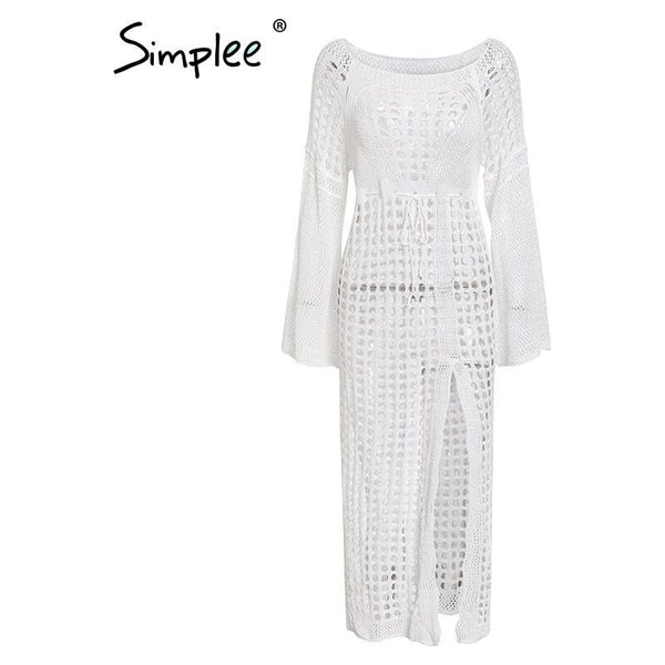 Crochet White Knitted Beach Cover Up Dress - Frimunt Clothing Co.