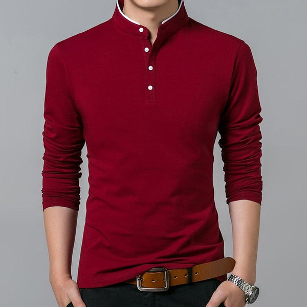 Camiseta de algodón para hombre, manga larga, colores lisos, cuello mandarín, tallas hasta 4XL