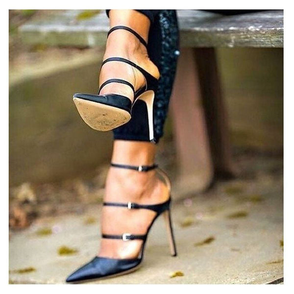 Women's Black Three Strap Stiletto Heel Sexy Elegant Closed Toe Pump Shoes