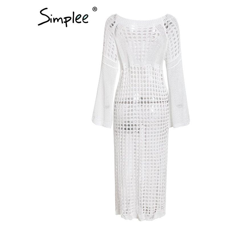 Crochet White Knitted Beach Cover Up Dress - Frimunt Clothing Co.
