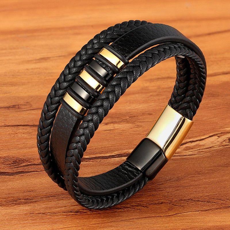 Stainless Steel Charm Magnetic Black Men Bracelet Leather Genuine Braided Punk Rock Bangles Jewelry Accessories - Frimunt Clothing Co.